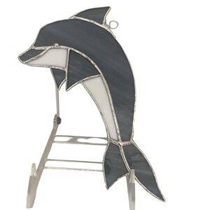 Artisan Handmade Stained Glass Dolphin Suncatcher Blue White Coastal Window Art